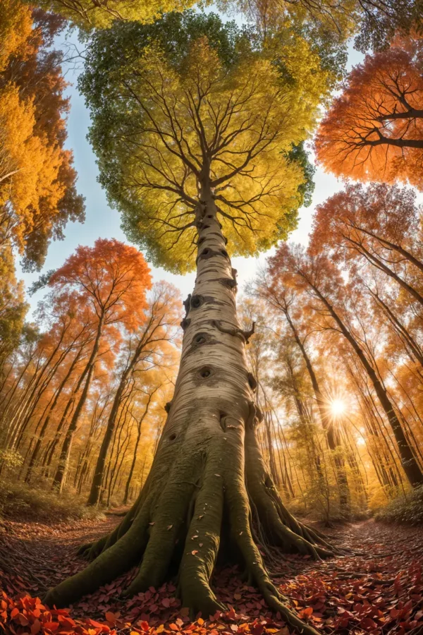 Baum im bunten Herbstwald mit Sonnenschein