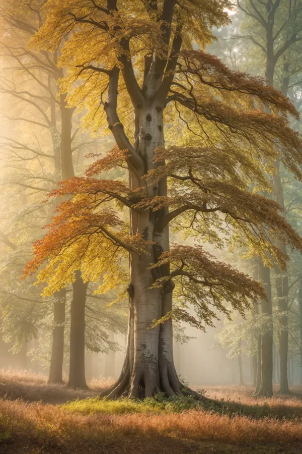 Buche Baum im Herbstnebel