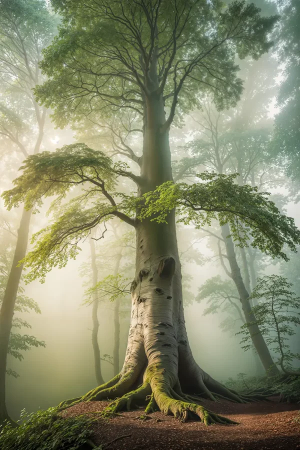 Buche Baum im Nebel im Laubwald