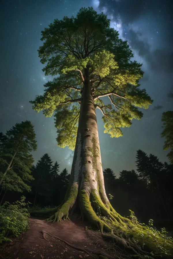 Buche Baum unter dem Sternenhimmel im Mondlicht