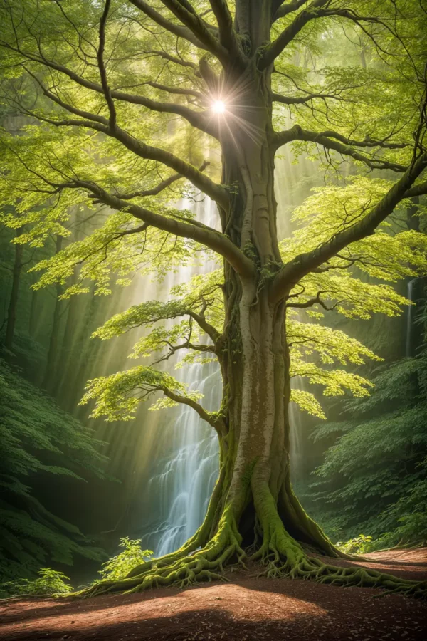 Eine Buche, im Hintergrund ein Wasserfall im Wald, Sonnenstrahlen scheinen durch die Blätter