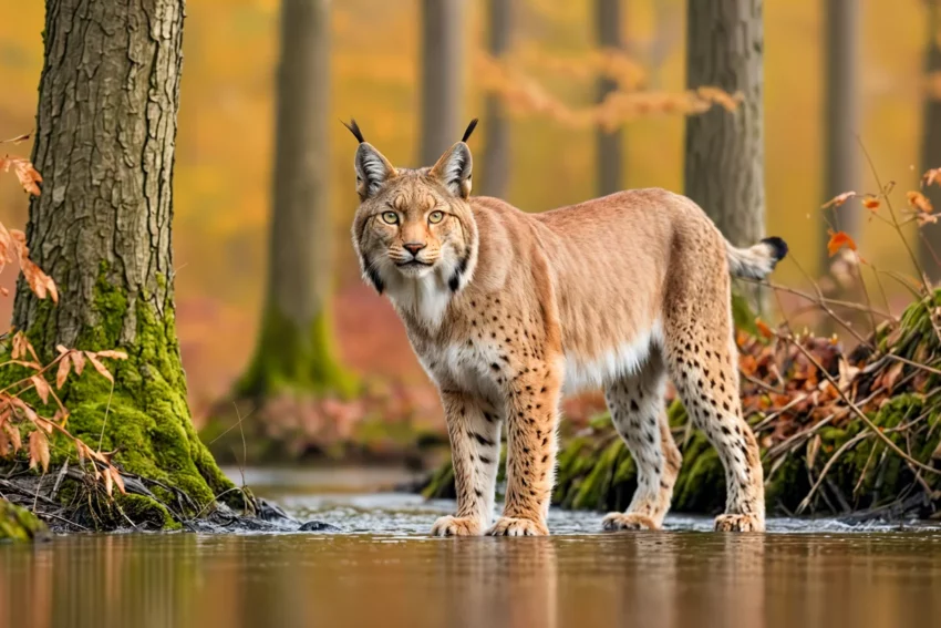 Ein europäischer Luchs steht im Wasser im Herbstwald