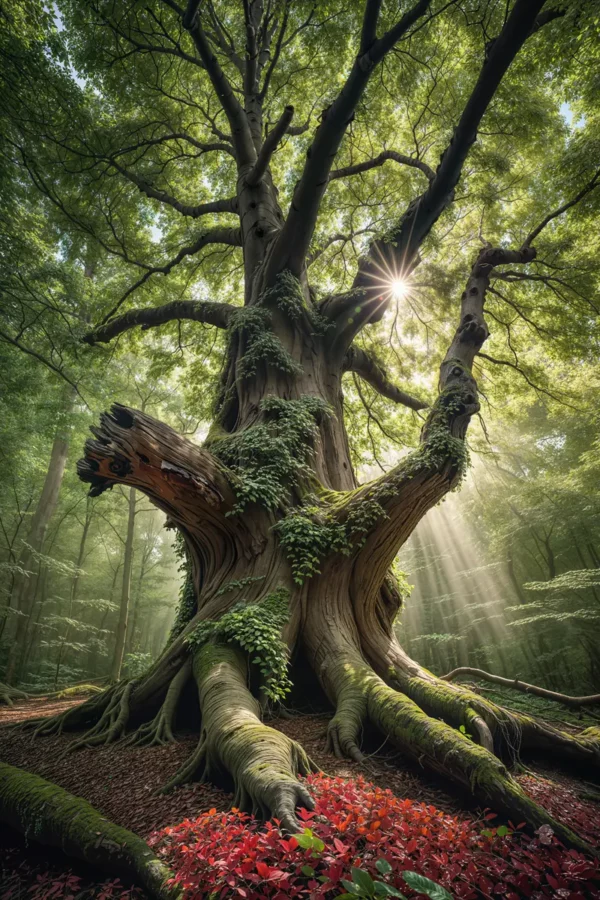 Mystischer Baum Buche im Laubwald Sonnenstrahlen scheinen hindurch