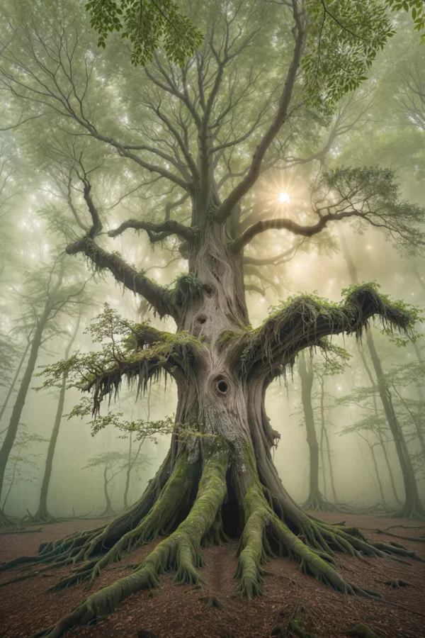 Uralter Baum im Nebel mit Sonnenlicht hindurchscheinend