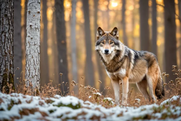 Wolf im Birkenwald im Winter, Schnee im Vordergrund, Sonnenuntergang