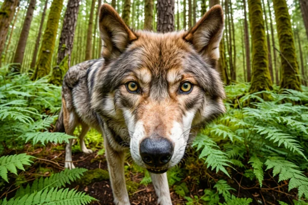 Ein Wolf im Farnwald, Farne, Weitwinkelaufnahme