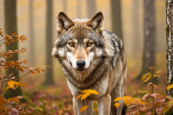 Poster Wolf im Herbstwald, buntes Laub im Vordergrund und auf dem Waldboden