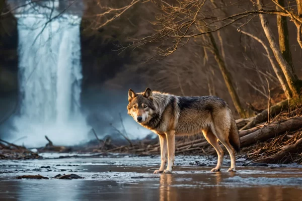 Ein Wolf steht im Wasser vor einem Wasserfall, Sonnenuntergang